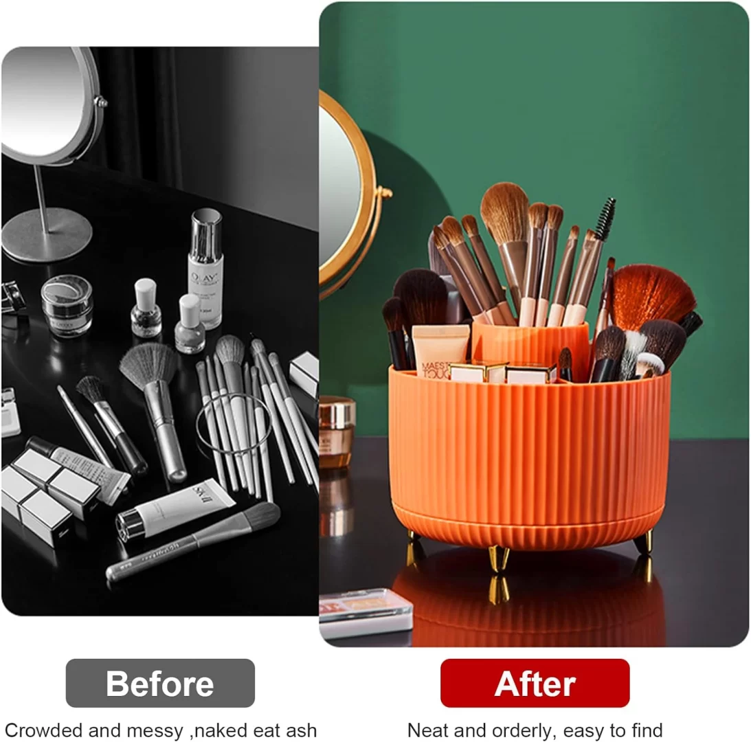 Diesisa 360 Rotating Makeup Brush Organizer With 5 Sections - Orange