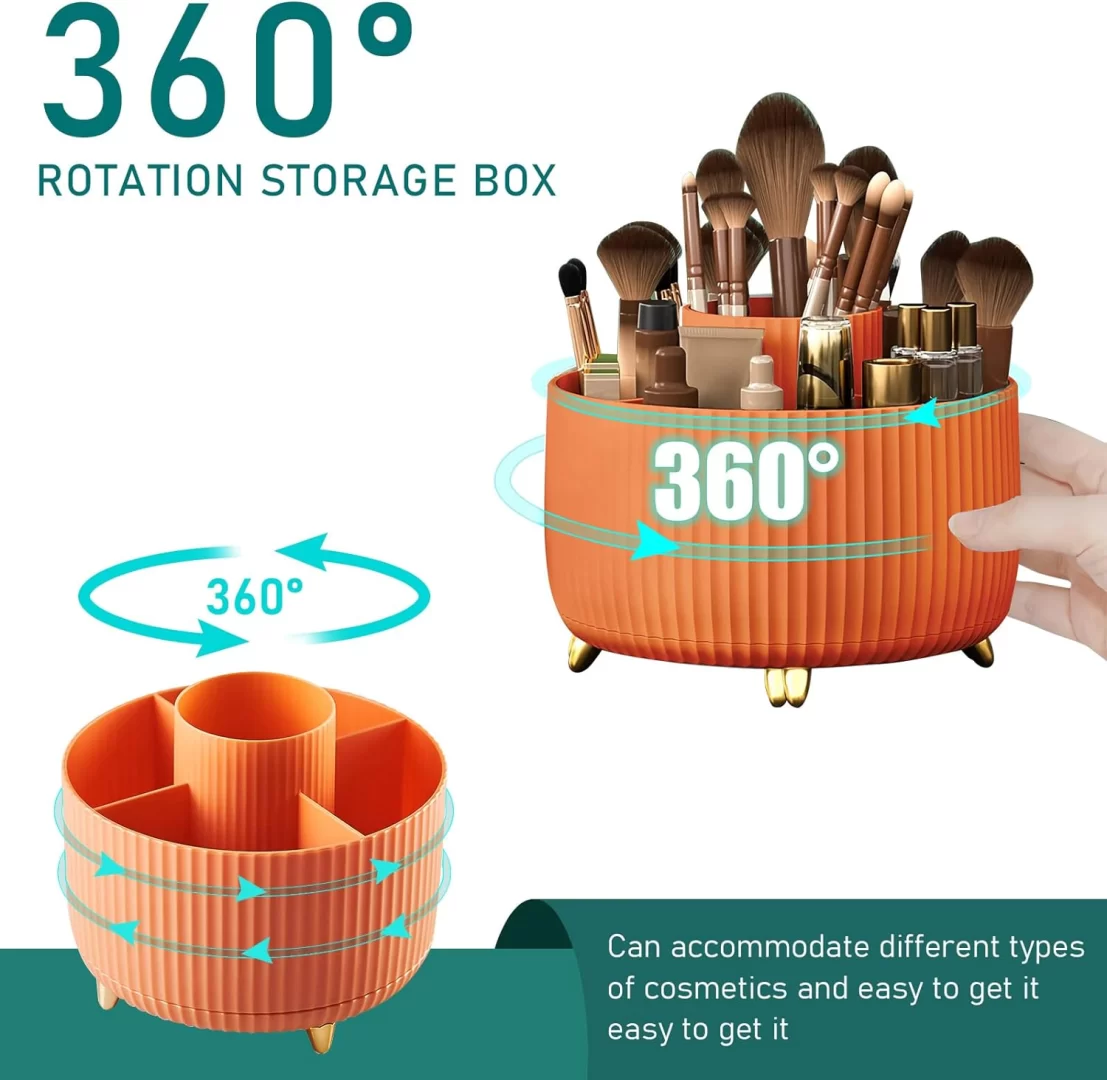 Diesisa 360 Rotating Makeup Brush Organizer With 5 Sections - Orange