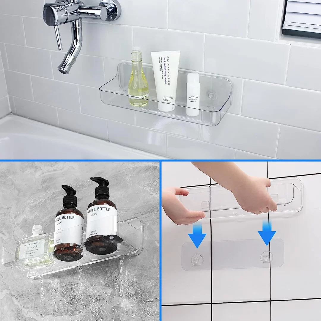 FEPTUASE Clear Shower Shelves, 2 Packs Acrylic Bathroom Shelves, Self Adhesive, No Drilling, Transparent, Wall Mount Shower Caddy for Bathroom ＆ Kitchen Storage (9.45 x 3.54 x 3.15